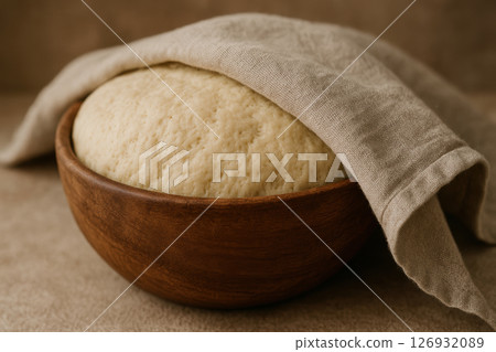 Freshly risen yeast dough in wooden bowl covered with linen cloth on rustic kitchen counter, ready for homemade baking, AI Generative Freshly risen yeast dough in wooden bowl covered with linen cloth on rustic kitchen counter, ready for homemade baking, AI Generative 126932089