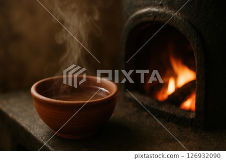 Steam rising from hot clay bowl on rustic stove with fire burning inside, cozy warm atmosphere in traditional kitchen setting, AI Generative 126932090