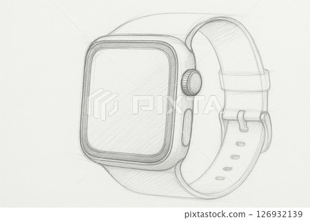 Minimalistic hand drawn sketch of modern smart wristwatch with square face and silicone strap in detailed line art, AI Generative 126932139