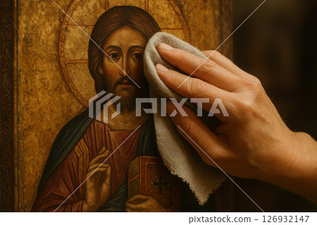 Hand gently cleaning ancient orthodox christian icon of jesus, preserving religious heritage and sacred art traditions, AI Generative Hand gently cleaning ancient orthodox christian icon of jesus, preserving religious heritage and sacred art traditions, AI Generative 126932147