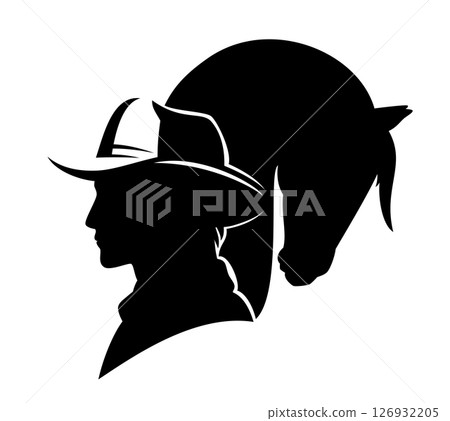 american cowboy wearing hat and mustang horse head black vector silhouette 126932205