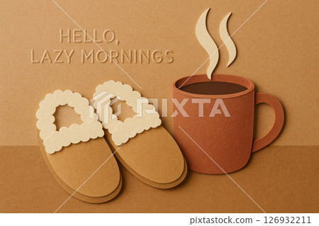 Cozy slippers and hot coffee cup on warm brown background, celebrating relaxing lazy mornings and comfortable home atmosphere, AI Generative 126932211