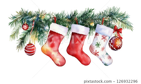 Watercolor Christmas Stockings and Ornaments Hanging from Fir Branches on White Background 126932296