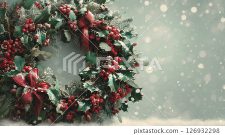 Christmas Wreath with Holly, Berries, Pinecones and Red Bows in Snowy Background 126932298