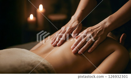 Relaxing back massage in spa ambiance with candlelight 126932301