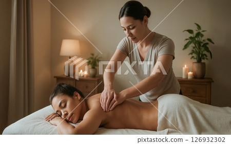 Spa massage therapy session with relaxed young woman and professional therapist 126932302