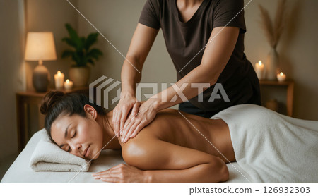 Young woman enjoying professional back massage in cozy spa room 126932303