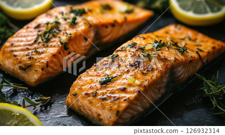 Grilled salmon fillets with herbs and lemon slices on dark background 126932314