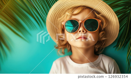 Stylish child in sunglasses and straw hat posing with tropical leaves on blue background Stylish child in sunglasses and straw hat posing with tropical leaves on blue background 126932354