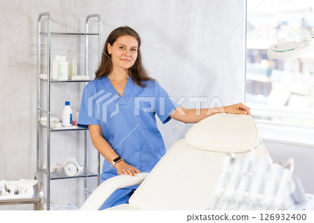Portrait of female health worker meeting patient in medical office Portrait of female health worker meeting patient in medical office 126932400