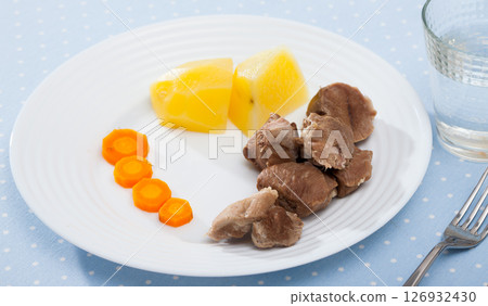 Close up of tasty steamed turkey with boiled potatoes and carrots Close up of tasty steamed turkey with boiled potatoes and carrots 126932430
