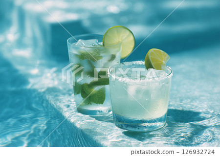 Summer Cocktails on Pool Steps with Mint and Lime in Bright Midday Light and Clear Water Summer Cocktails on Pool Steps with Mint and Lime in Bright Midday Light and Clear Water 126932724