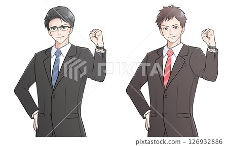 Illustration of two middle-aged men in suits posing in a fist pump 126932886