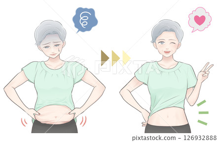 一位擔心自己腹部脂肪的老年婦女的插圖 一位擔心自己腹部脂肪的老年婦女的插圖 126932888