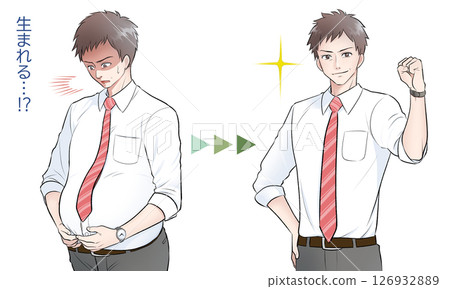 Illustration of a middle-aged man who is concerned about his belly fat 126932889