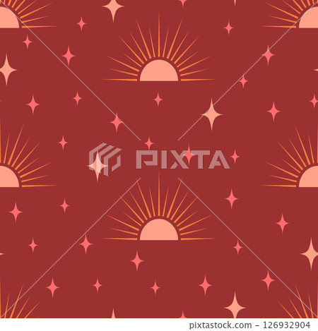 Celestial vector seamless pattern. Pink sunset half sun shapes and scattered stars on dark cherry red background. Mystical sunshine and sparkles design. Spiritual vintage ornament repeat tile Celestial vector seamless pattern. Pink sunset half sun shapes and scattered stars on dark cherry red background. Mystical sunshine and sparkles design. Spiritual vintage ornament repeat tile 126932904