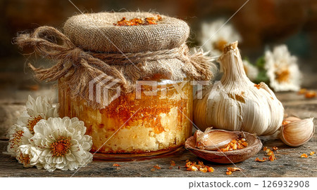 A close-up of a rustic glass jar filled with garlic cloves in honey, surrounded by white flowers and whole garlic on a wooden table 126932908