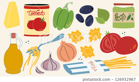 Italian food set, ingredients. Cartoon doodle stickers of traditional products: olive oil, tomatoes, cheese, paprika, pasta. Vector food set Italian food set, ingredients. Cartoon doodle stickers of traditional products: olive oil, tomatoes, cheese, paprika, pasta. Vector food set 126932967