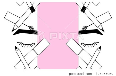 Eye makeup mascara tools seamless border vertical frame template. Vector graphic line illustration. Black and white cosmetic makeup art. Banner, poster, wrapping paper, sticker, print. Eye makeup mascara tools seamless border vertical frame template. Vector graphic line illustration. Black and white cosmetic makeup art. Banner, poster, wrapping paper, sticker, print. 126933069
