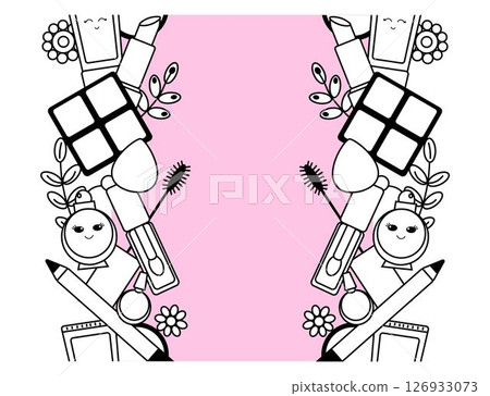Makeup beauty tools kawaii seamless border vertical frame template Vector graphic line illustration. Black and white cute cosmetic makeup art. background for banners, t-shirt printing. 126933073