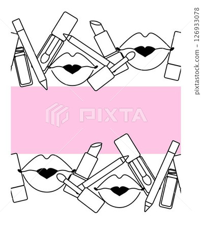 Lips Makeup tools seamless border horizontal frame template. Vector graphic line illustration. Black and white cosmetic makeup art. Beauty parlor illustration, packaging, cosmetics shop 126933078