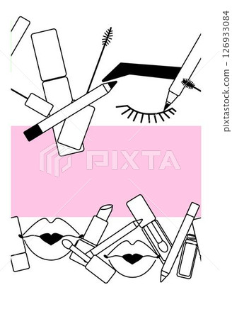 Make-up eye shadow powder lipstick mascara Makeup tools seamless border horizontal frame template. Vector graphic line illustration. Black and white cosmetic makeup art. Make-up eye shadow powder lipstick mascara Makeup tools seamless border horizontal frame template. Vector graphic line illustration. Black and white cosmetic makeup art. 126933084