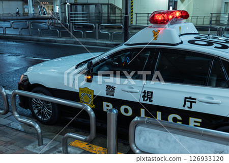 Police car patrolling the city at night 126933120