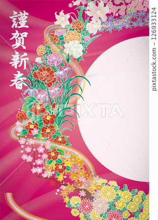 新年賀卡，水引友禪風格背景，紅色，時令花草樹木，免費留言 126933124