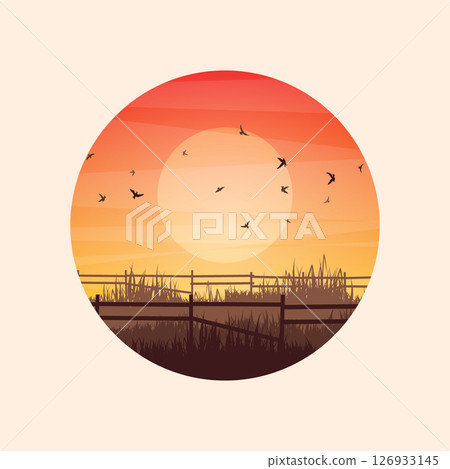Meadow silhouettes with grass and old wooden fence. Countryside, round panoramic summer lawn rural landscape with herbs, weeds. Agriculture and farming. Summer sunset in nature. Vector illustration Meadow silhouettes with grass and old wooden fence. Countryside, round panoramic summer lawn rural landscape with herbs, weeds. Agriculture and farming. Summer sunset in nature. Vector illustration 126933145