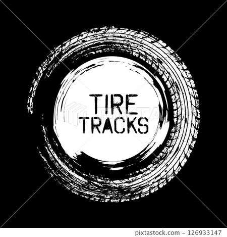 Grunge circle tire track, wheel braking mark. Truck, car or motorcycle tread pattern silhouettes. Auto race, motorsport, speed racing design element. Vector illustration Grunge circle tire track, wheel braking mark. Truck, car or motorcycle tread pattern silhouettes. Auto race, motorsport, speed racing design element. Vector illustration 126933147
