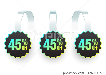 Supermarket promotional wobblers. Realistic white wobbler template for shelf advertising, 45 percent off discount. Sale label with ad text. Special offer price tag. Vector illustration 126933150