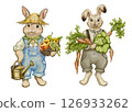 Watercolor illustration of two gardening rabbits. Rabbits in clothes with vegetables, fruits, garden tools. For printing on cards, t-shirts, dishes, notebooks, posters. Game characters funny animals. 126933262