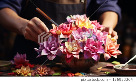 Female artist carefully arranging a beautiful bouquet of colorful flowers by hand 126933364