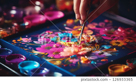 Artist hand painting expressive brushstrokes on canvas, capturing movement and energy 126933365