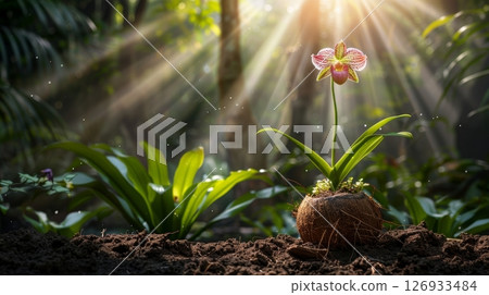 Venus slipper orchid in coconut shell with sunlit foliage  serene botanical harmony 126933484