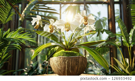 Tranquil botanical display  venus slipper orchid in coconut shell amidst sunlit foliage 126933492