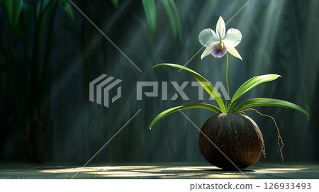 Venus slipper orchid in coconut shell with sunlit foliage, creating a serene botanical composition 126933493