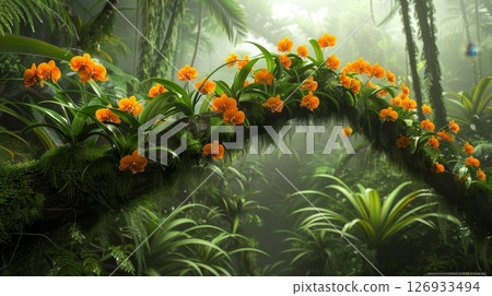 Colorful phalaenopsis orchids blooming on moss covered tree branches  vibrant nature illustration 126933494