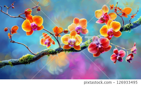Colorful phalaenopsis orchids in bloom on mossy tree branches  vibrant nature illustration 126933495