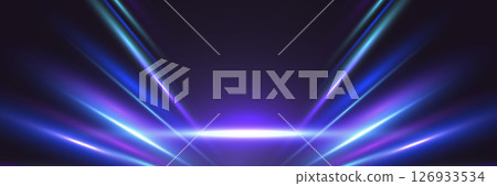 Neon lights and glowing stage beams in a futuristic spotlight scene on dark background. Perfect for events, concerts, or tech visuals. Vector Illustration 126933534