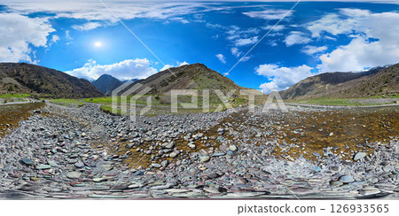 360 Spherical Panorama of Mountain Valley Riverbed in Kyrgyzstan 360 Spherical Panorama of Mountain Valley Riverbed in Kyrgyzstan 126933565
