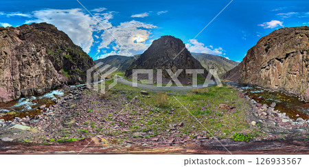 Spherical HDRi panorama of mountain ravine with dirt road and river turn 126933567