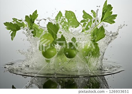 Refreshing Splash of Water with Vibrant Green Mint Leaves on Stylish Dark Gradient Background Refreshing Splash of Water with Vibrant Green Mint Leaves on Stylish Dark Gradient Background 126933651