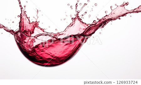Dynamic red wine splash on white background, isolated, creating a striking visual impact 126933724