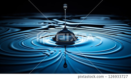 Concentric circles formed by water droplet on glowing dark water surface in close up view 126933727
