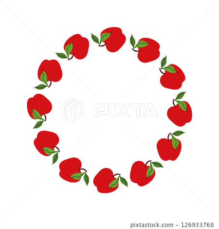 Simple red Apple wreath. Round seasonal fruits border. Garden decoration. Round apple frame. Floral wreath. Summer background For poster, banner, cover, invitation. Vector flat illustration. 126933768