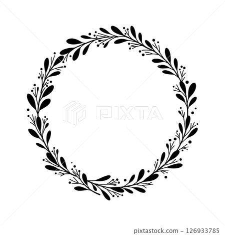 Minimal circular frame made of black leaves and twigs, hand drawn style on white background. Frames for template, wedding decor, logo and identity. Minimal circular frame made of black leaves and twigs, hand drawn style on white background. Frames for template, wedding decor, logo and identity. 126933785