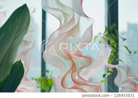 Flowing Fabric Sculpture, Abstract Art Installation, Delicate Textile Waves, Artistic Backdrop 126933831