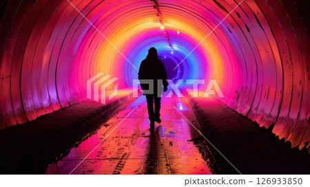 Silhouette of Person Walking in Vibrant Illuminated Tunnel with Colorful Glowing Lights Silhouette of Person Walking in Vibrant Illuminated Tunnel with Colorful Glowing Lights 126933850