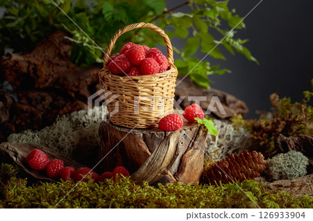 Small wicker basket filled with fresh, ripe raspberries. Small wicker basket filled with fresh, ripe raspberries. 126933904